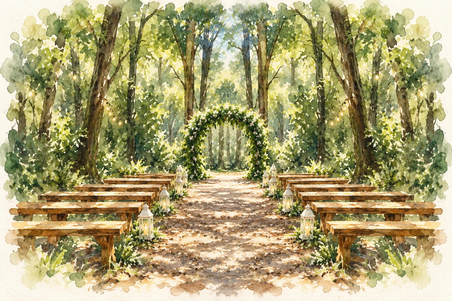 Watercolor of a sunlit forest wedding aisle and leafy ceremony arch